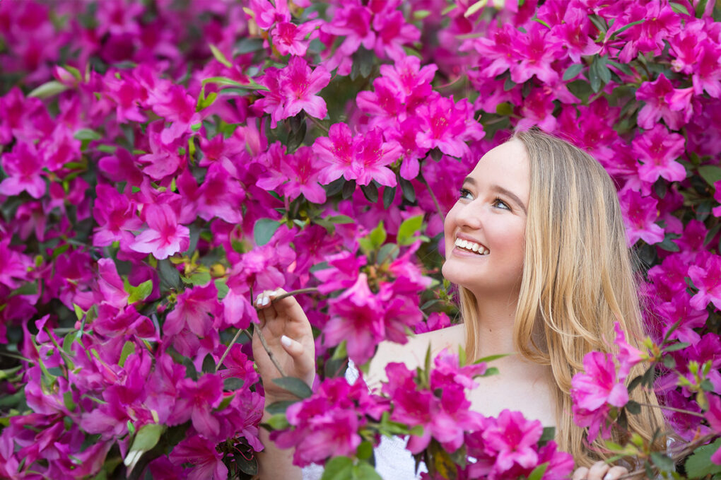 Senior Photography Portfolio 5 Senior Photographer Houston Texas Example Portrait of Senior Girl in Azaleas.